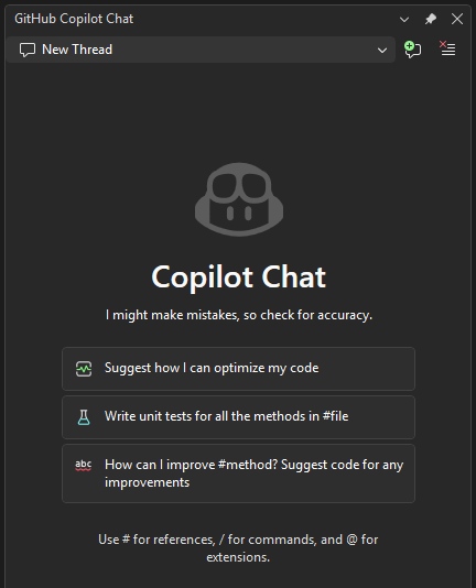 Screenshot that shows the GitHub Copilot Chat window in Visual Studio 2026.