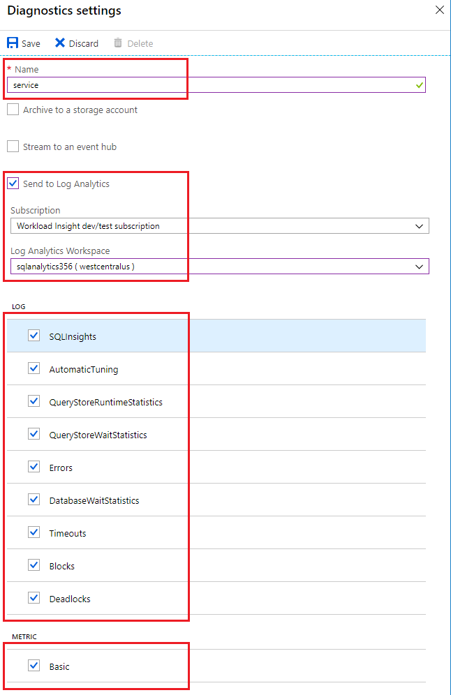 Screenshot of Configure diagnostics for Azure SQL Database.