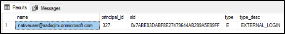 Screenshot of the Results tab in the SSMS Object Explorer showing the name, principal_id, sid, type, and type_desc of the newly added login.