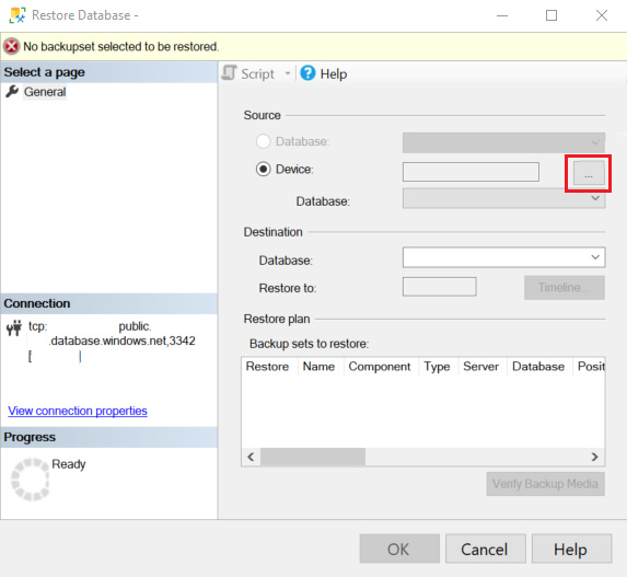 Screenshot of a page in the **Restore** wizard. In the Source section, Device is selected, and the ellipsis is called out.