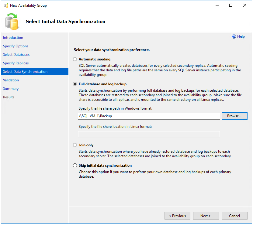 Screenshot of the Select Initial Data Synchronization page in the New Availability Group Wizard in SSMS.