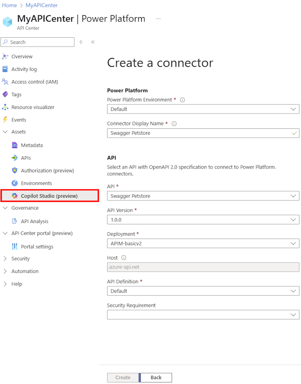 Screenshot of creating a Copilot Studio connector in the portal.