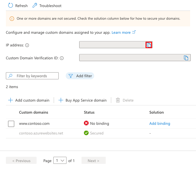A screenshot that shows how to copy the App Service app's external IP address.
