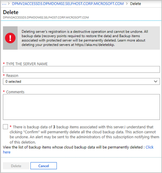 Screenshot that shows the Delete pane.