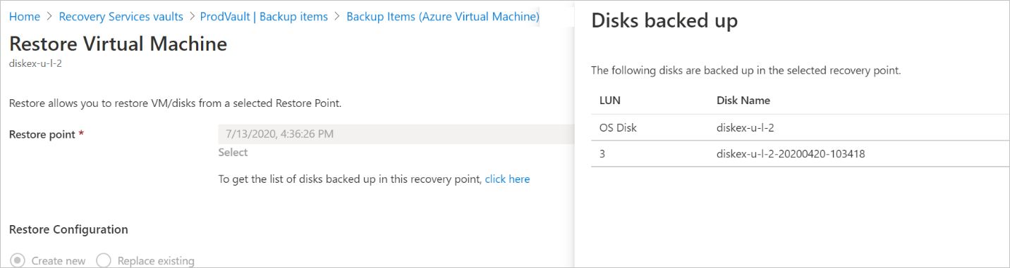 Screenshot that shows the backed-up disks during restore.