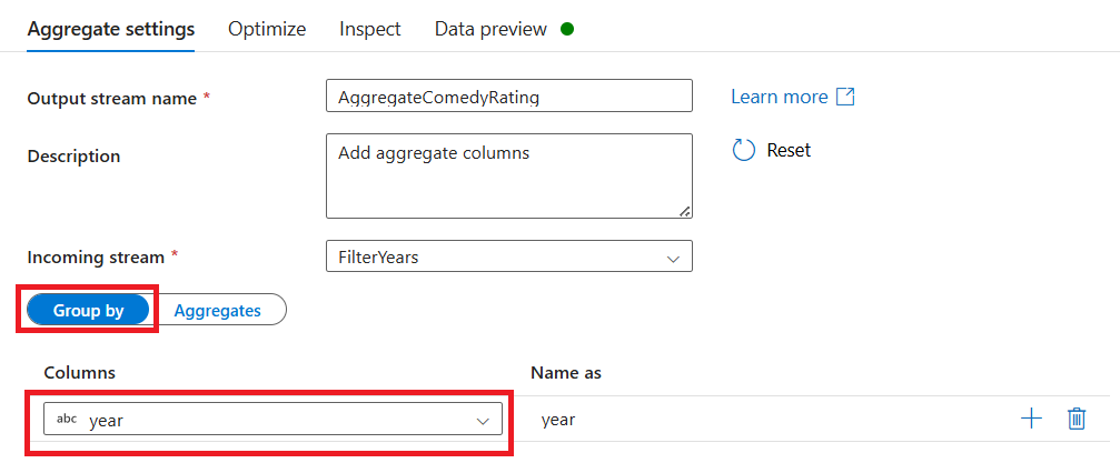 Screenshot that shows the year option in the Group by tab under Aggregate Settings.