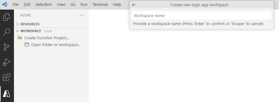 Screenshot shows prompt to provide a workspace name.