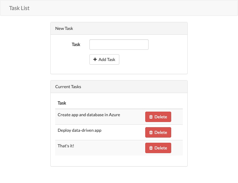 Screenshot of the Azure app example titled Task List showing new tasks added.