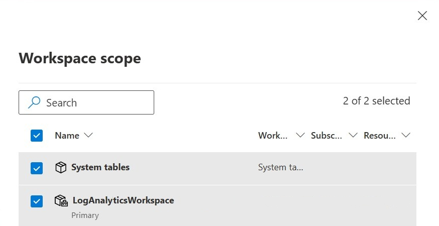 Skærmbillede af informationslinjen for KQL-forespørgsler, der viser arbejdsområdet Systemtabeller valgt.