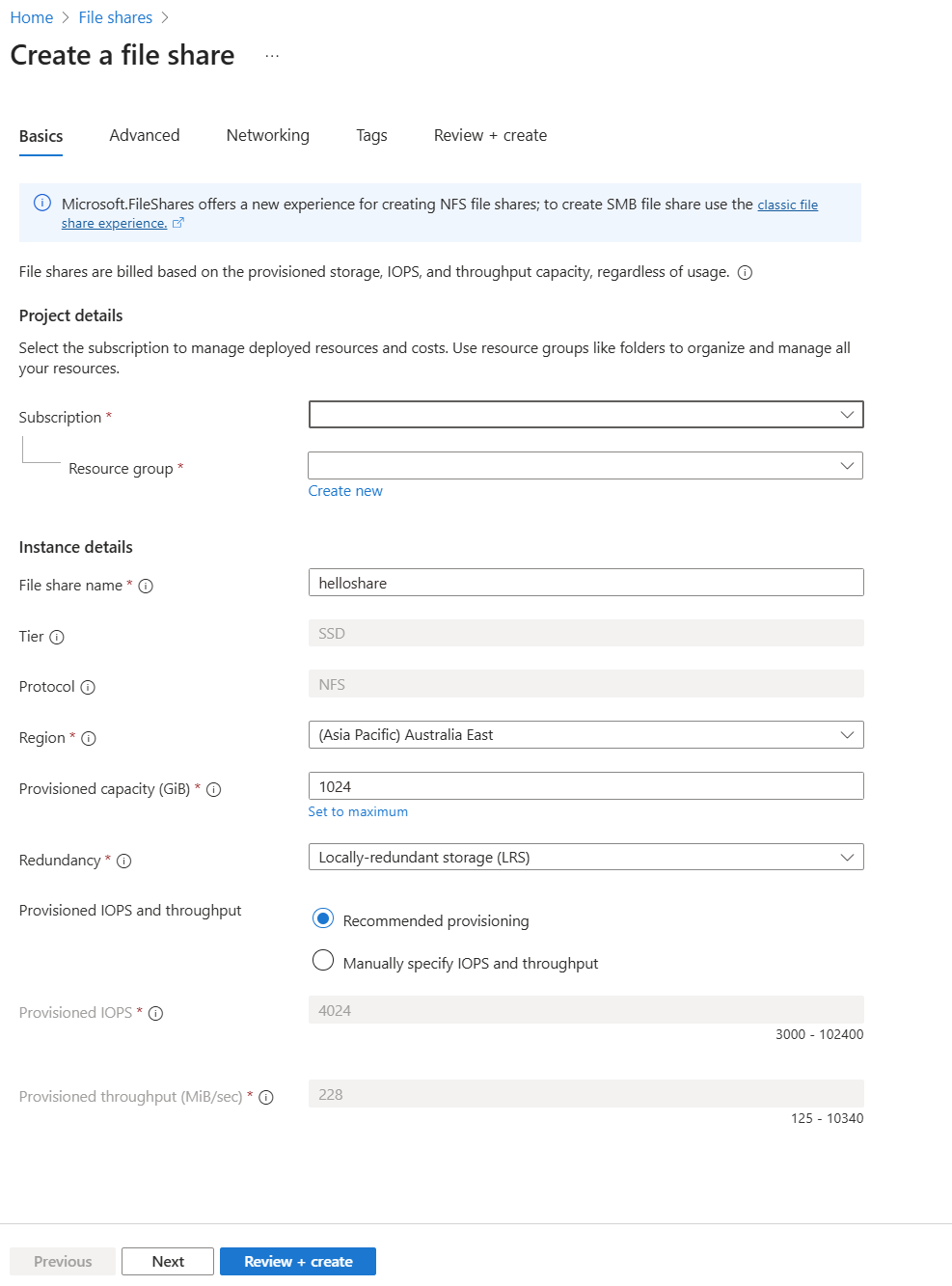A screenshot of the Azure portal for create flow 1 for file share.