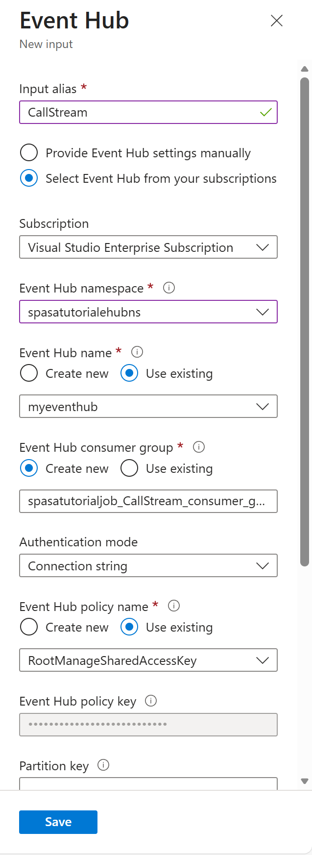 Screenshot showing the Event Hubs configuration page for an input.