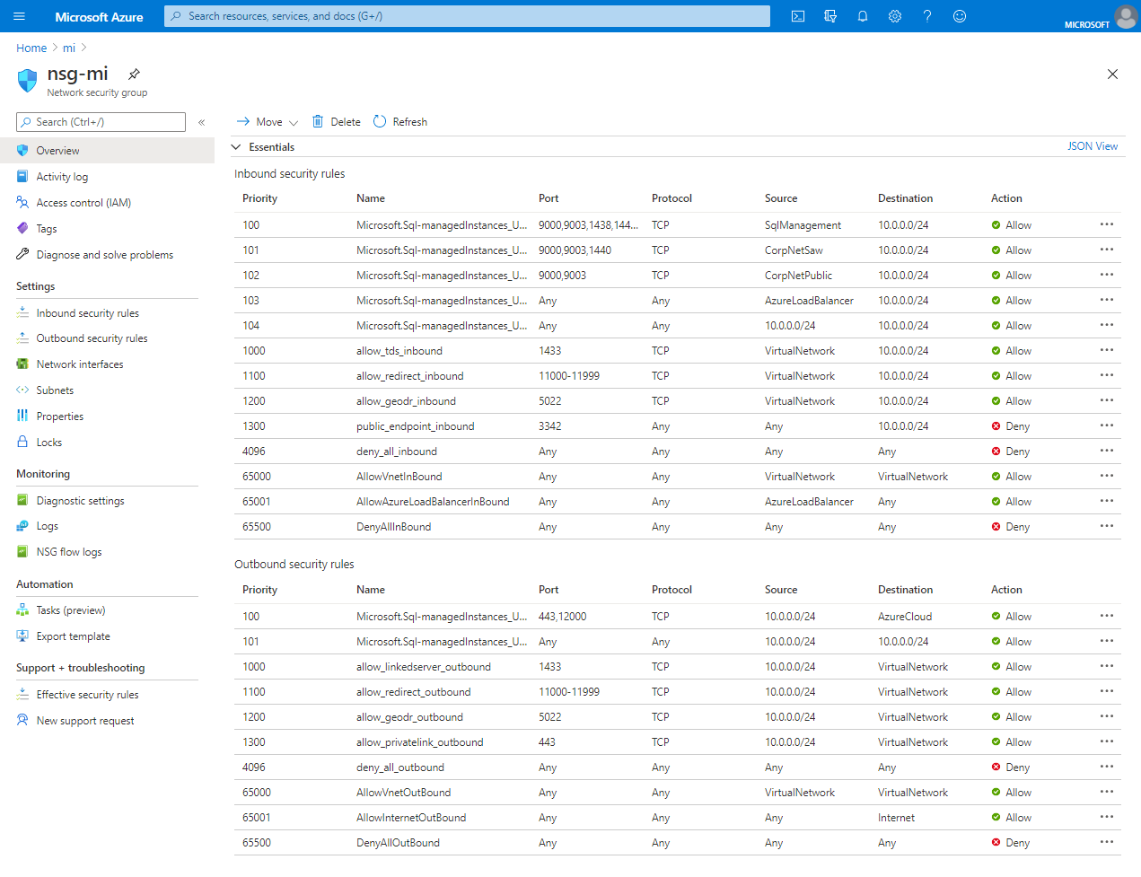 Screenshot of the Security rules for your instance in the Azure portal.