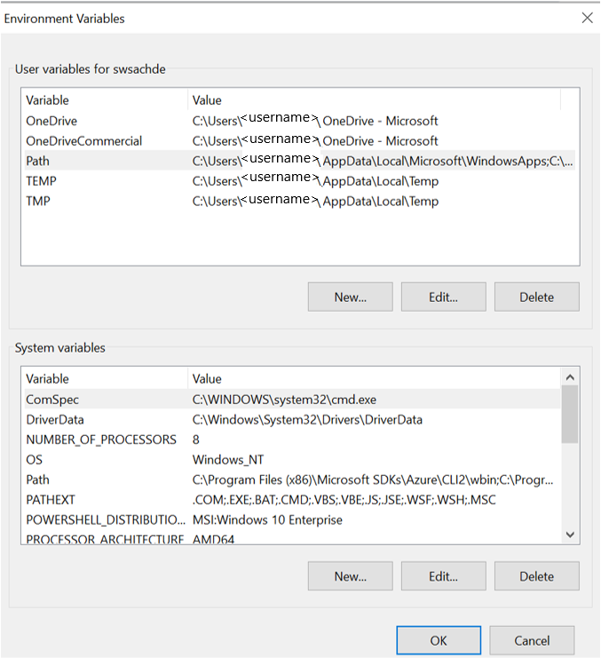 Screenshot that shows default environment variables.