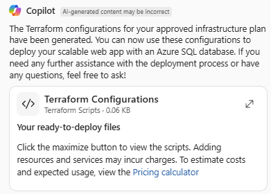 Screenshot of Azure Copilot providing Terraform configurations for a deployment.