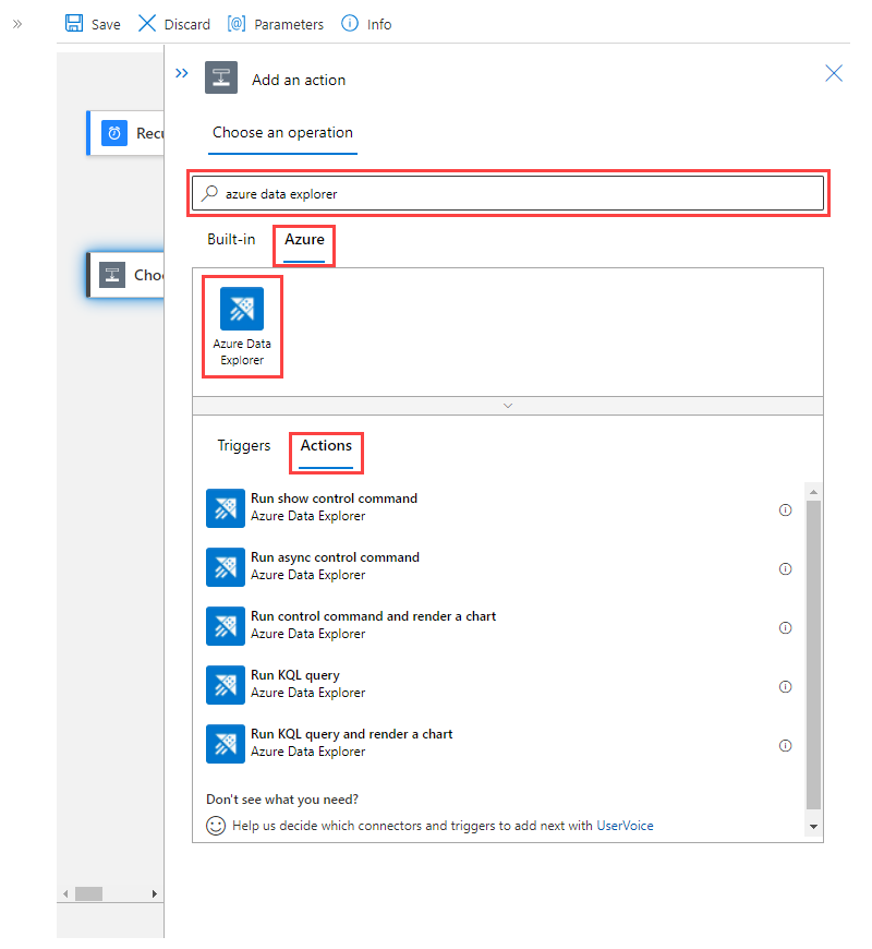 Screenshot of the designer page, showing the Azure Data Explorer actions.