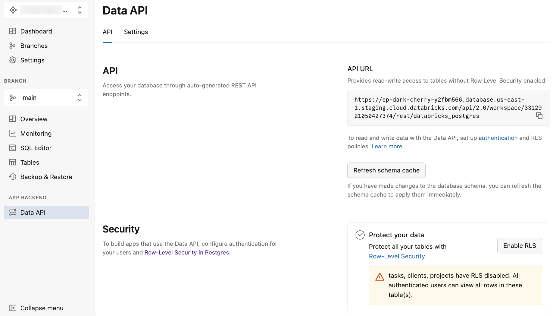 Data API page showing API URL and security options