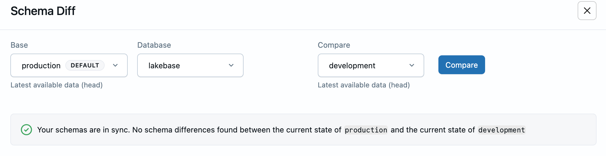 Schema diff showing schemas are in sync