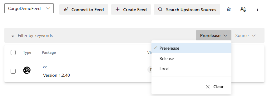 A screenshot displaying how to filter packages by a specific view.