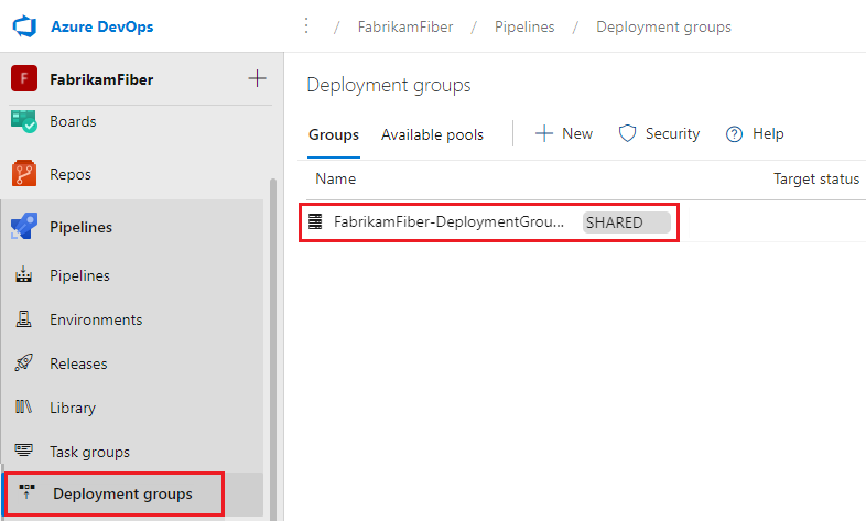 Screenshot that shows a shared new deployment group.