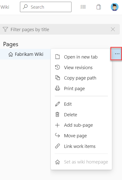 Screenshot of menu options available for a provisioned wiki from the wiki Pages section.