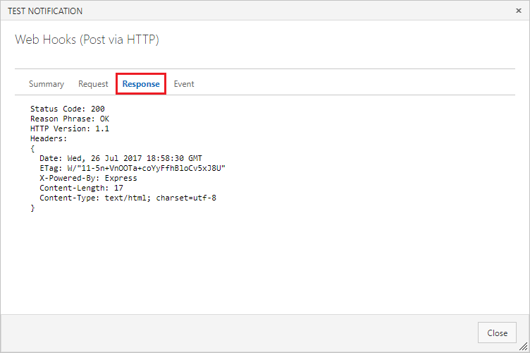 Screenshot showing the Response tab in the Test Notification window.