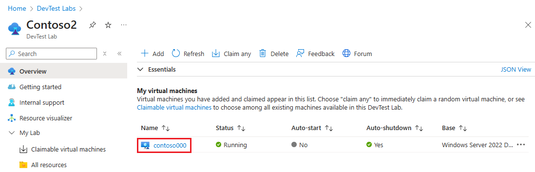 Screenshot showing the claimed VM in the My virtual machines list.
