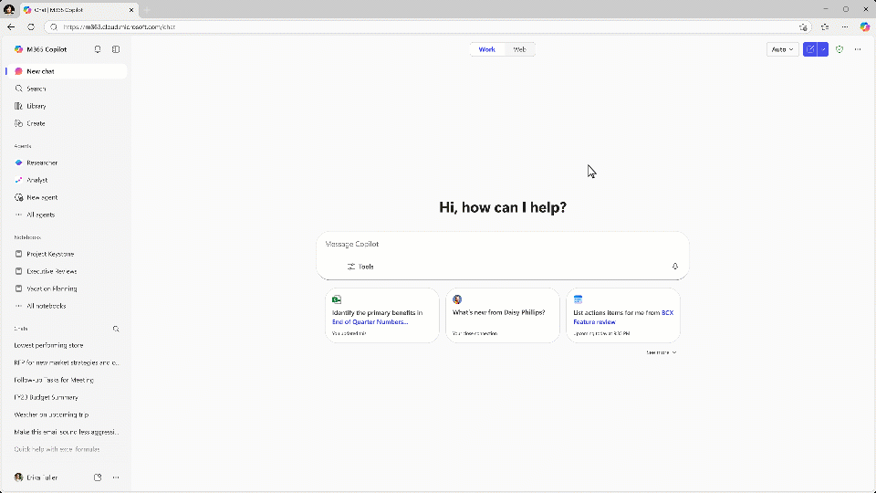 Animation that shows engagement with the model selector in Microsoft 365 Copilot Chat.