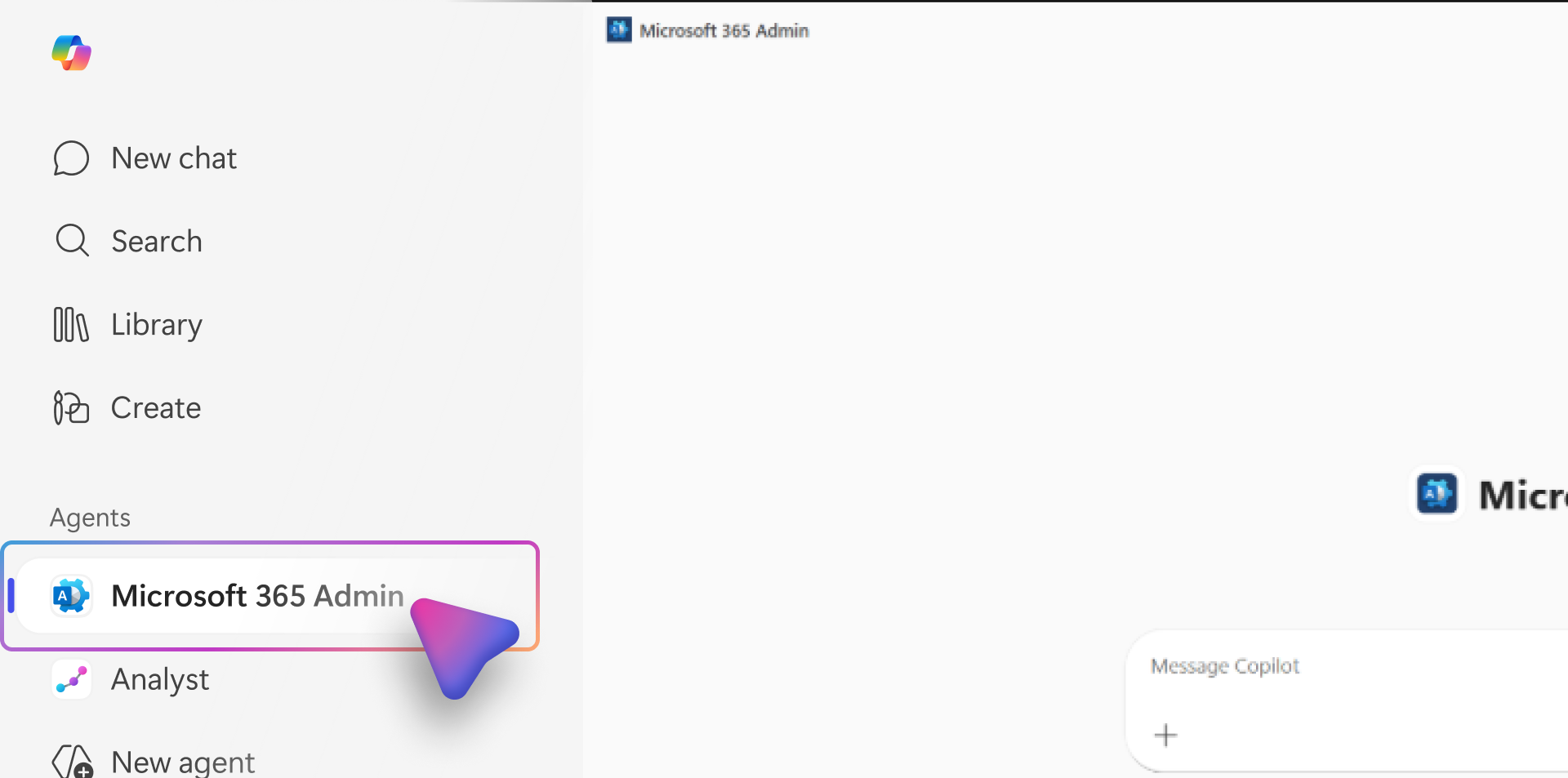 Skærmbillede af siden Microsoft 365-administratoragent, der viser et udvalg af Microsoft 365-administratoragenten.