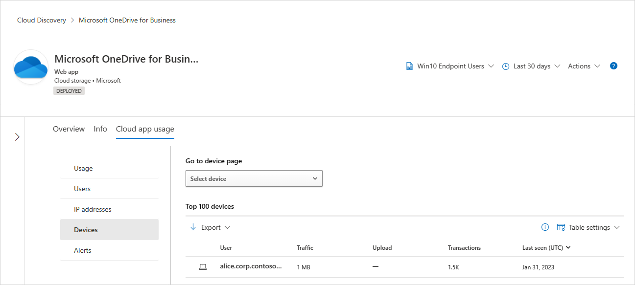 Undersøg enheder under fanen Brug af Cloud Apps på siden Apps.
