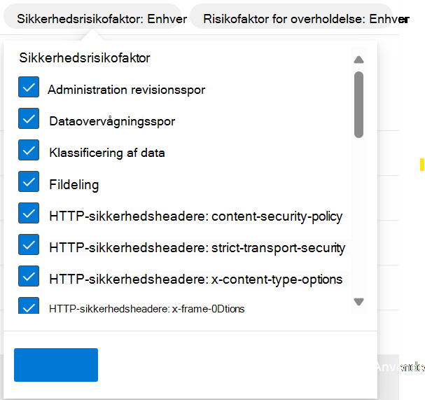 Skærmbillede, der viser filtrene for sikkerhedsrisikofaktoren