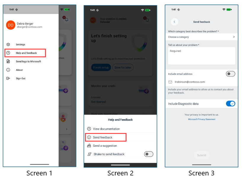 Skærmbilleder, der viser, hvordan du sender feedback og logge fra menuen med indstillinger for Microsoft Defender mobilapp.