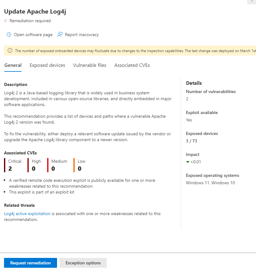 Skærmbillede af sikkerhedsanbefaling for opdatering apache log4j.