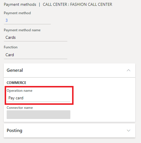 Screenshot of a payment method mapped to an operation in the call center.