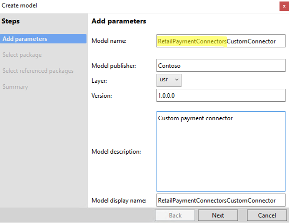 Screenshot of the Add parameters page in the Create model wizard.