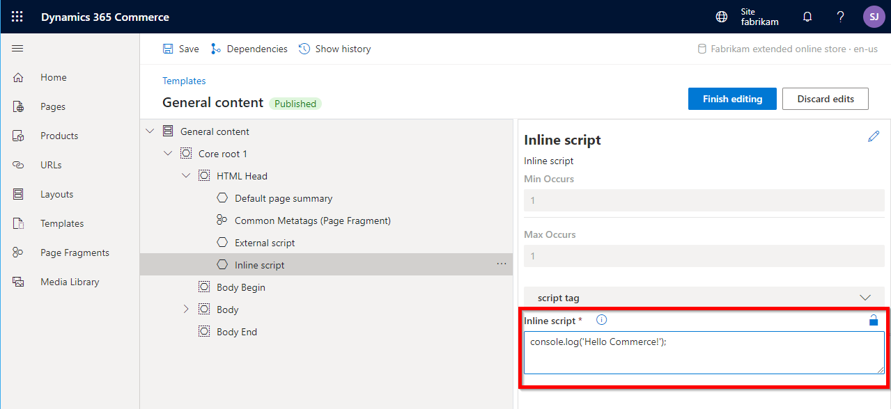 Screenshot of inline script module properties in site builder.