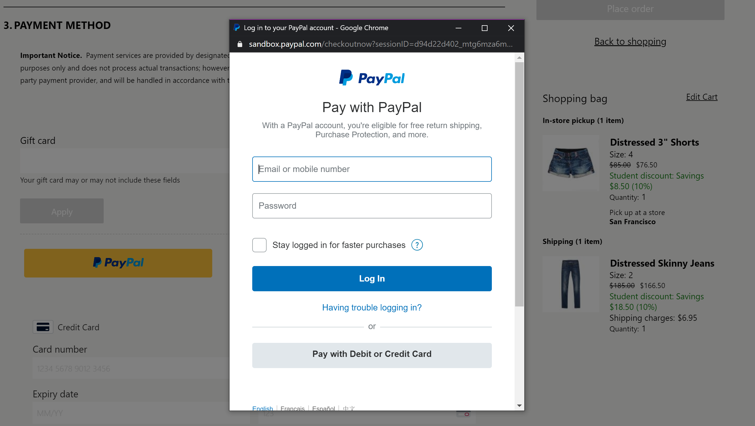Skærmbillede af PayPal iframe-element på en udtjekningsside.