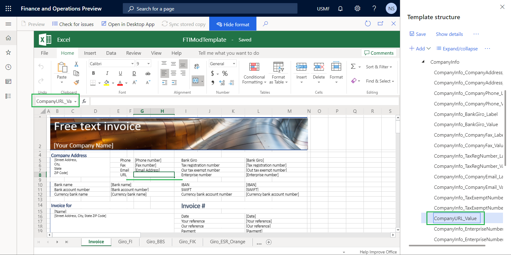 Feltet FirmaURL_Værdi tilføjes til skabelonstrukturen.