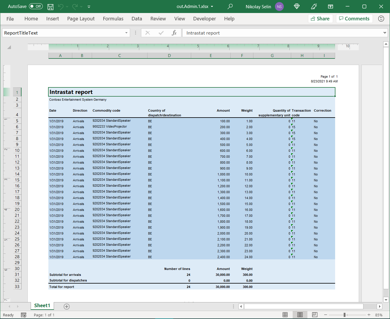 Genereret Excel-dokument i skrivebordsprogrammet.