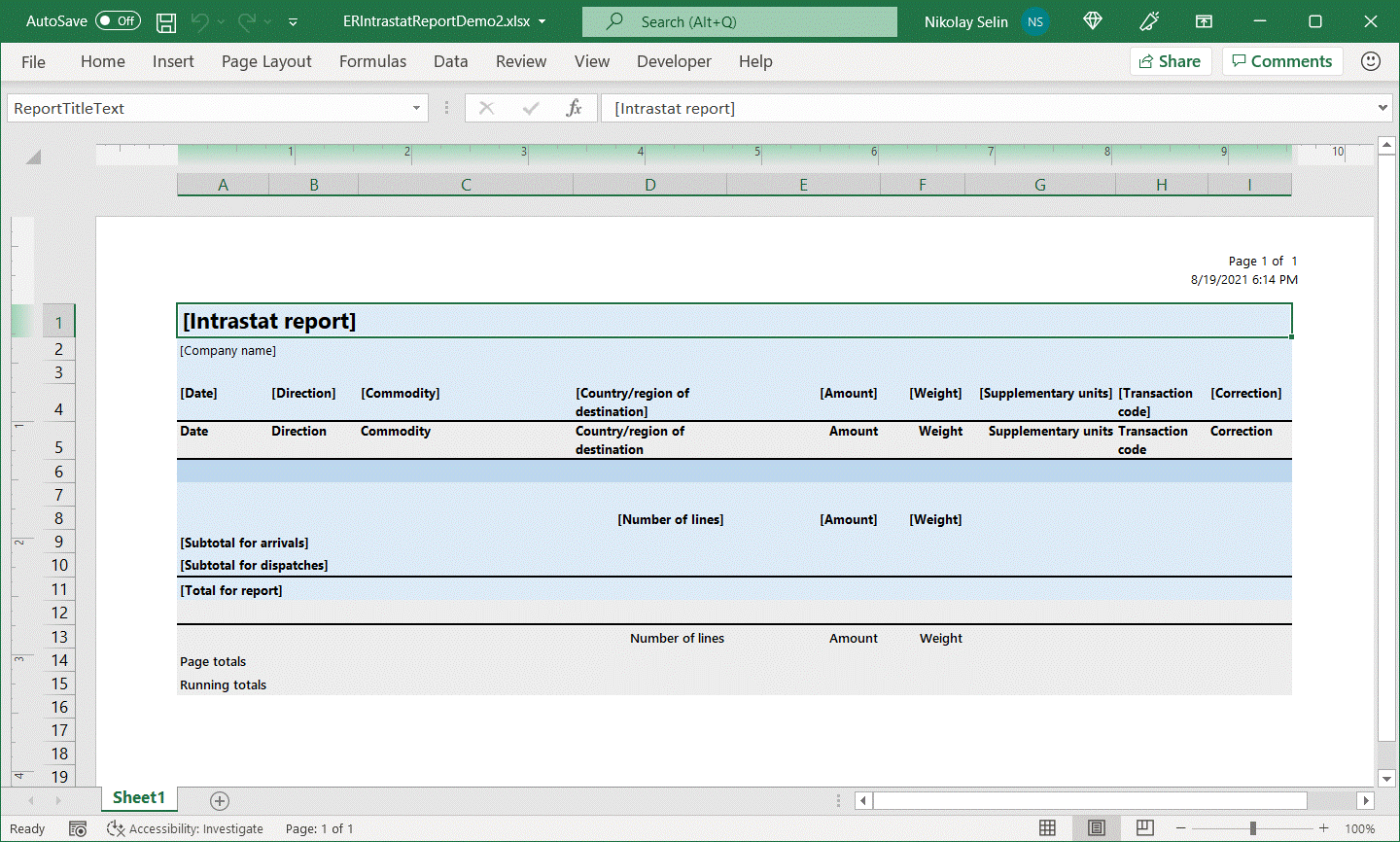 Layout af Excel-skabelon 2 i skrivebordsprogrammet.