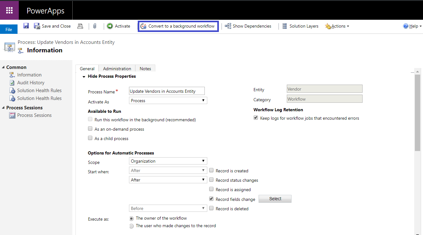 Skærmbillede af knappen Konvertér til en arbejdsproces i baggrunden.