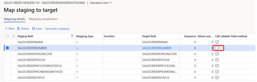 Screenshot of Map staging to target page, where the Call validates Field method checkbox for the SALESORDERNUMBER autonumber field is cleared.