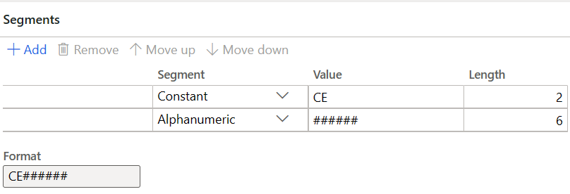 Screenshot of Segments section that shows a Constant value of CE and six numbers in the format of CE######.