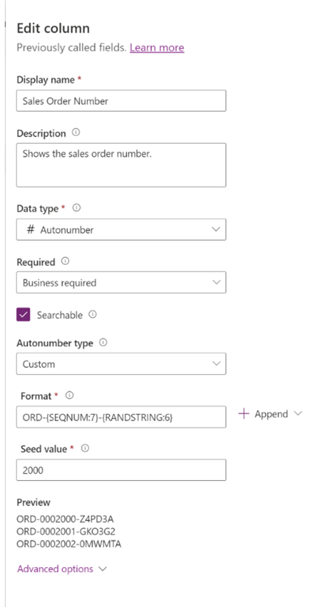 Screenshot of Edit column dialog box where the Sales Order Number column is defined as an autonumber column.