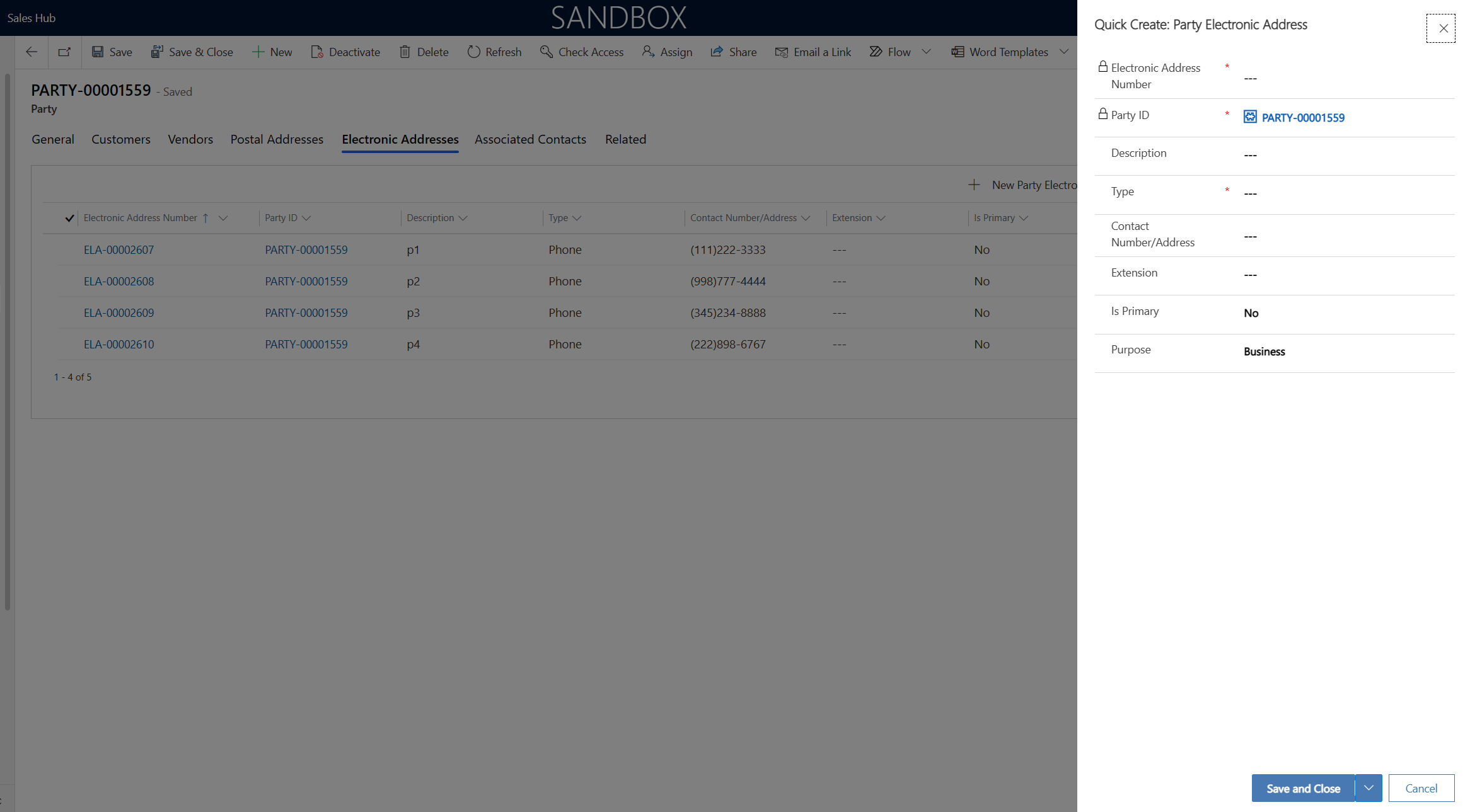 Screenshot of creating an electronic address for a party in the Quick Create: Party Electronic Address dialog box.