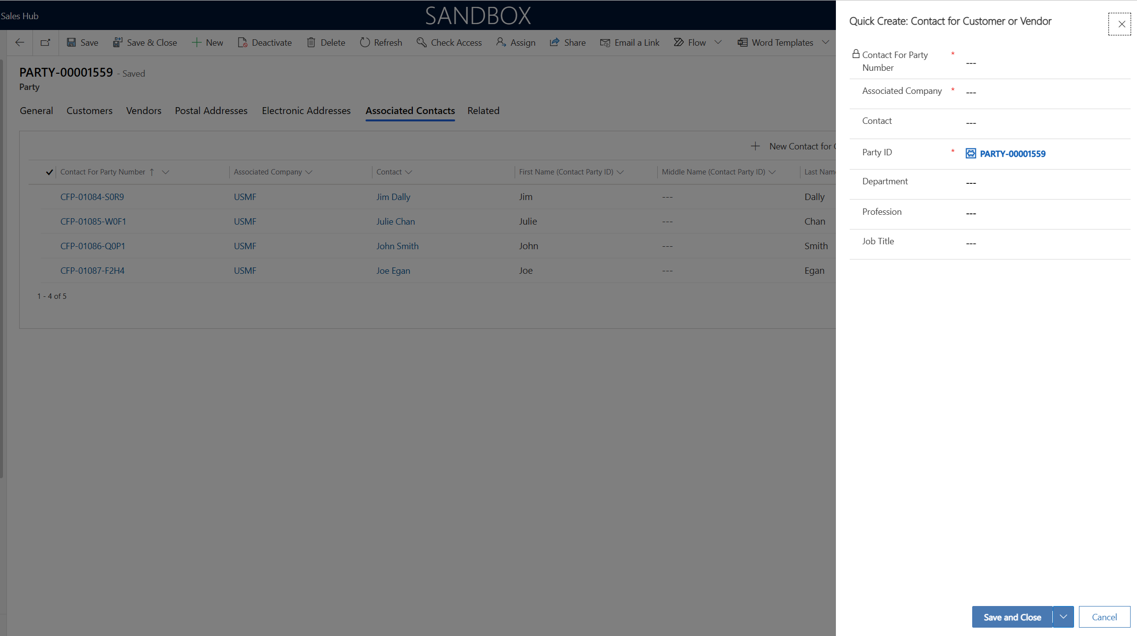 Screenshot of creating an associated contact for a party in the Quick Create: Contact for Customer or Vendor dialog box.