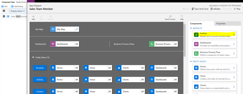 Screenshot of Entities button on the Components tab in App Designer.