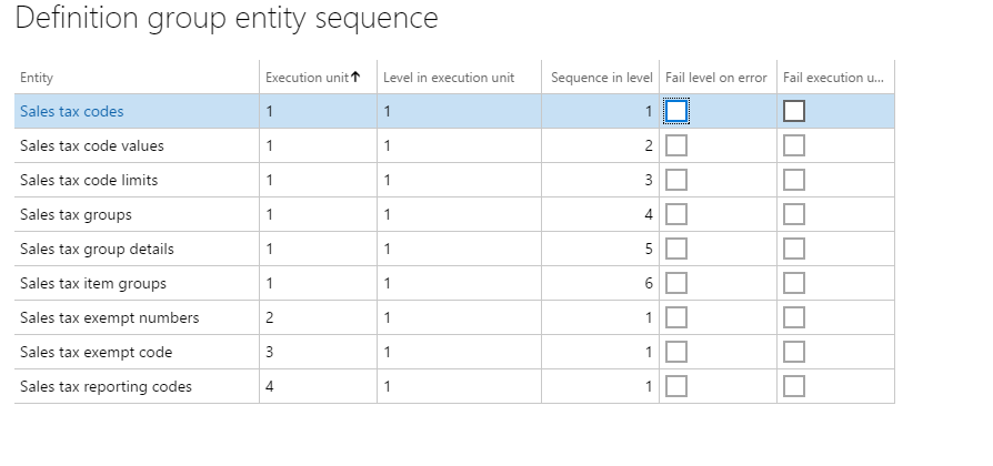 Screenshot of Sales Tax CodeGroups data package sequence.