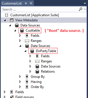 Screenshot of the CustomerList view showing two data sources, CustTable and DirPartyTable.