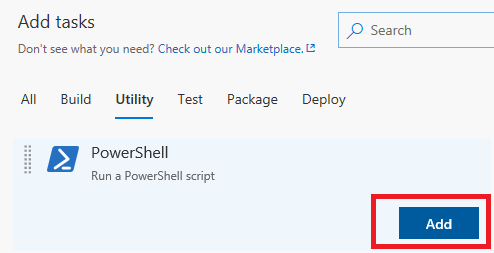 Screenshot of adding a PowerShell task from the Add tasks pane.