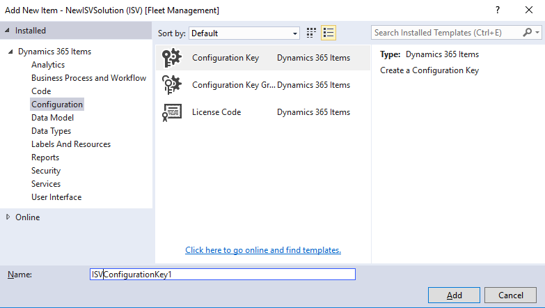 Screenshot of creating a configuration key.